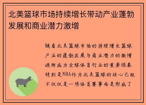 北美篮球市场持续增长带动产业蓬勃发展和商业潜力激增