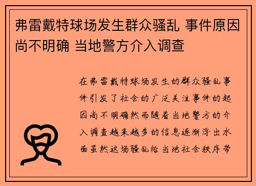 弗雷戴特球场发生群众骚乱 事件原因尚不明确 当地警方介入调查