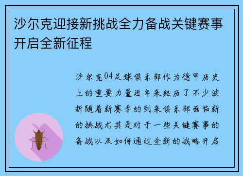 沙尔克迎接新挑战全力备战关键赛事开启全新征程