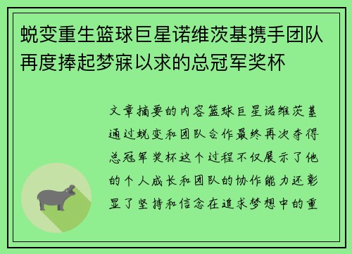 蜕变重生篮球巨星诺维茨基携手团队再度捧起梦寐以求的总冠军奖杯